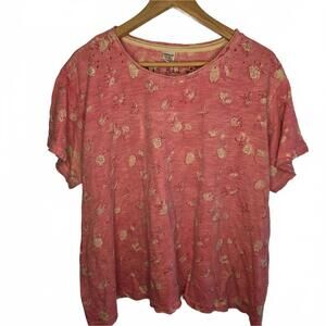 Magnolia Pearl Distressed Pink Block Print Floral Tee One Size Organic Cotton